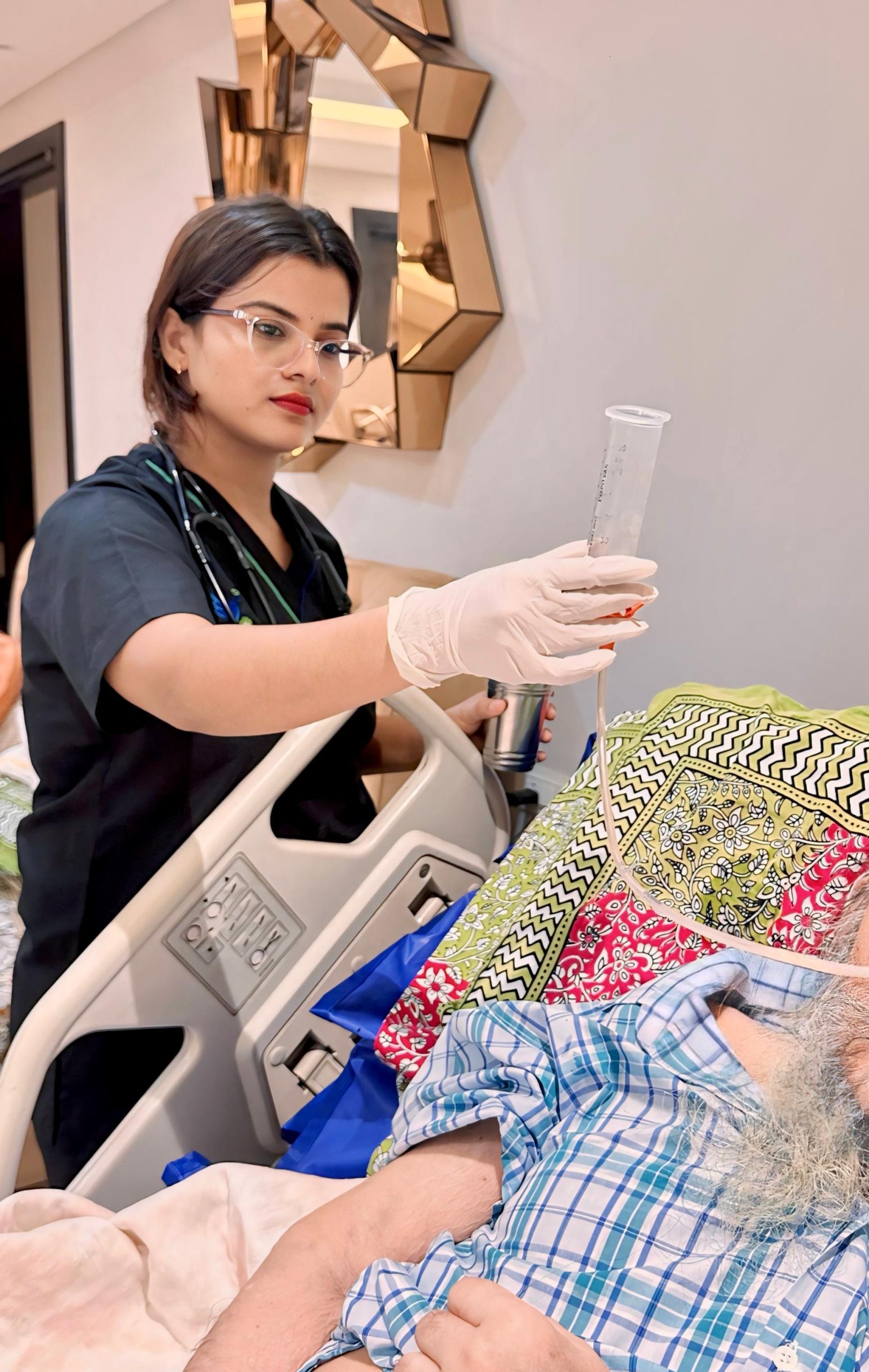 Palliative care nurse providing gentle medical support to elderly patient at home